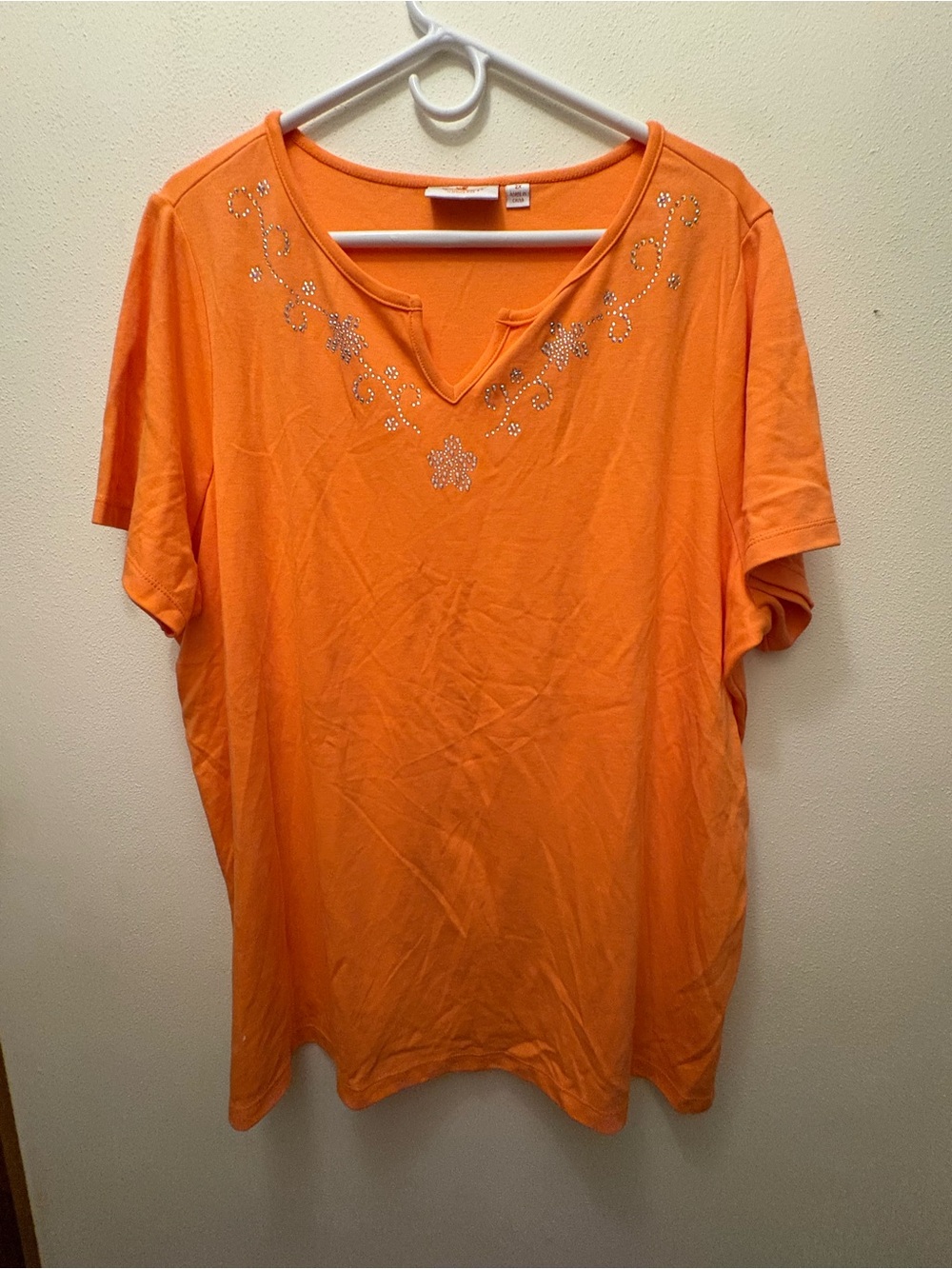 Quacker Factory Orange Short-Sleeve V-Notch Top with Rhinestone Floral Accents